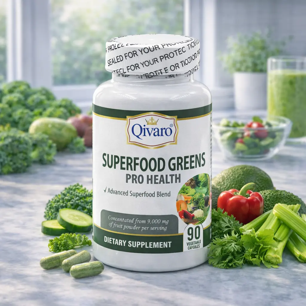Qivaro Superfood Greens Pro Health 90 Capsules | Vegetable & Mushroom Blend with Broccoli, Kale, Spinach, Cabbage, Carrot, Shiitake & Maitake Extracts | Non-GMO Vegan Dietary Supplement