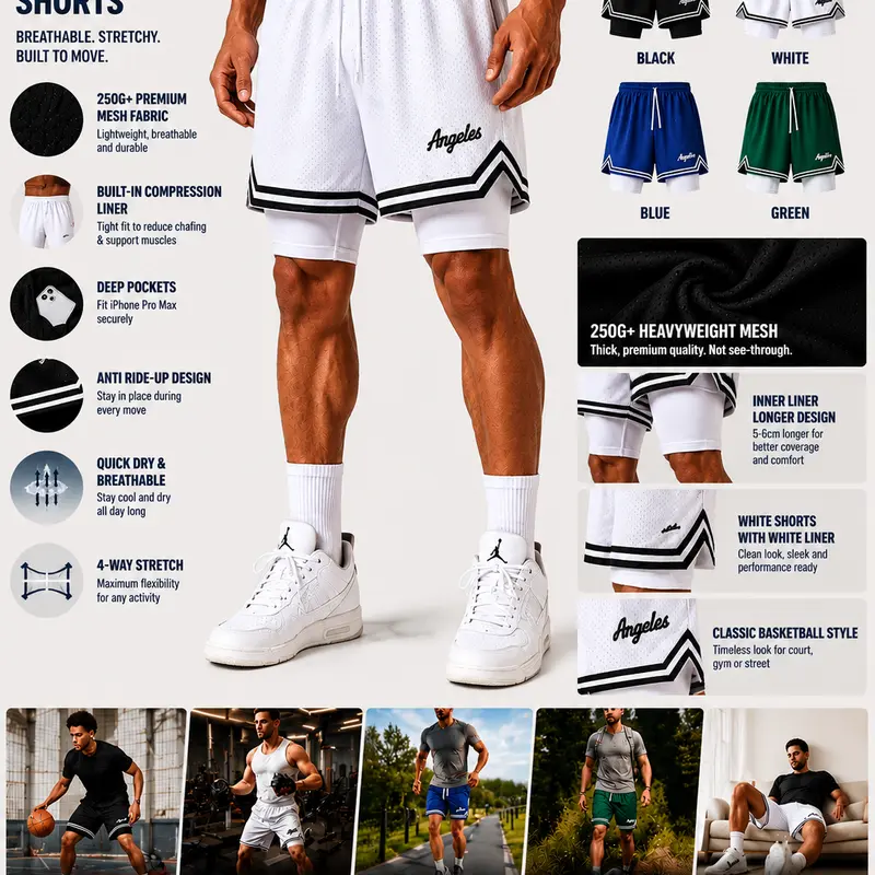 A pair of basketball casual sport shorts, unisex, a new style in 2025. High-quality quick-dry shorts for spring and summer. They have elasticity, with a lining fabric that fits the thighs better and protects the muscles.