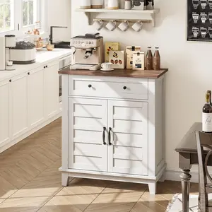 Garvee Farmhouse Sideboard Cabinet with 3-Tier Adjustable Storage, 7 Gears, Drawer & Doors - Waterproof Rustic Organizer for Kitchen, Dining Room, Entryway, or Hallway in Brown & White