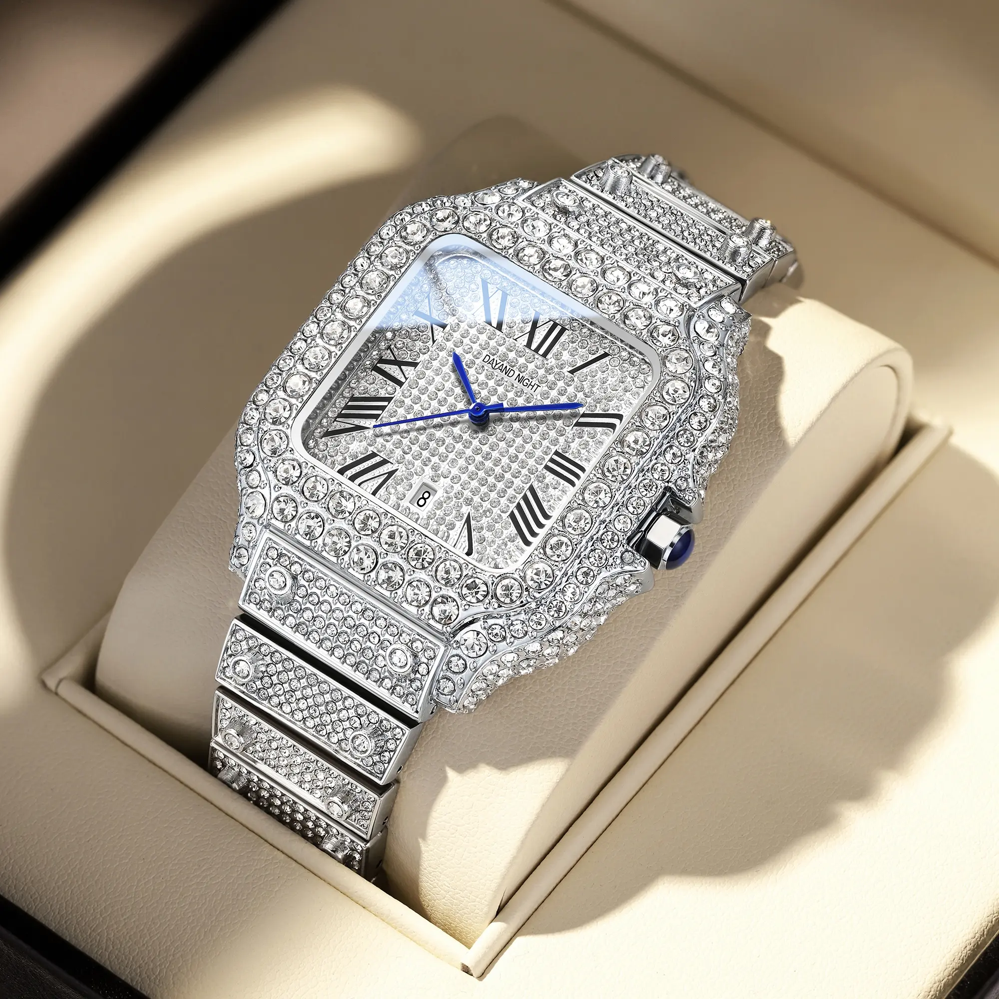 Luxury Moissanite Watch for Men and Women with Elegant Roman Numeral Dial, Diamond Studded Dress Style, Waterproof Quartz Analog Movement, Diamond Studded Watch, Elegant Dial