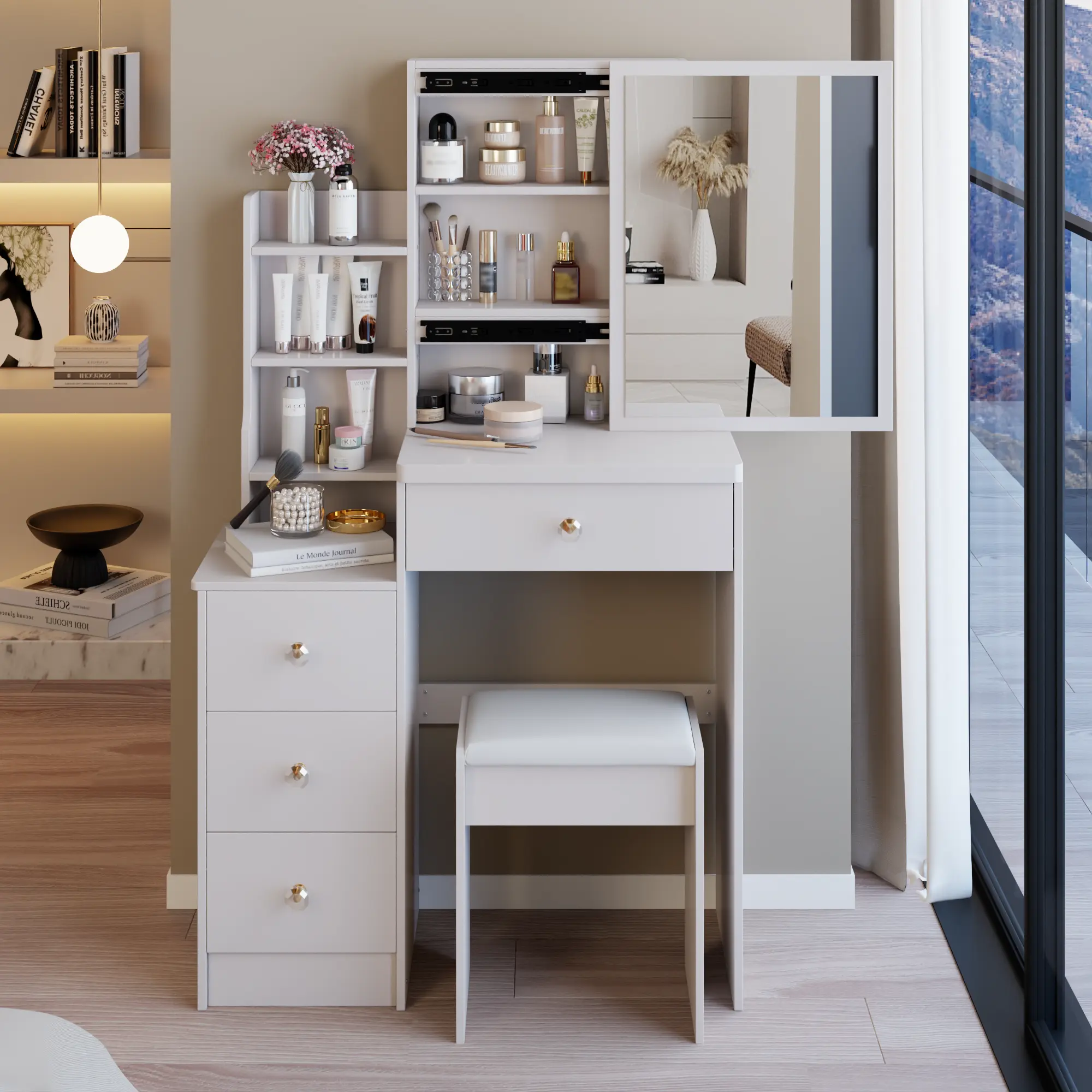 29.2" Modern Makeup Dressing Desk with Drawers, Padded Stool, Left Small-Space Bedside Cabinet, Extra-Large Right Sliding Mirror, Multi-Layer High-Capacity Storage, Metal Frame, EPA/GCC/UL Certified