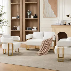 ARCH Modern Teddy Fleece Upholstered Sofa Set with Gold Metal Legs, 4-Seat Combo Living Room Couch, White+Gold, High-Resilience Foam, No Wheels, for Reception Room Office Dressing Area, 2 Seat/Black/Black+Gold/Gold Color Options, Color: White+Gold