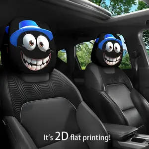 Cute Cartoon Smiley Face Car Headrest Neck Pillow Cover, Blue Hat Design, Universal Fit, Ideal Gift for Halloween & Christmas