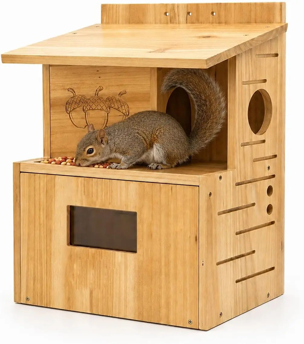 Large Outdoor Squirrel House Fir Wood - Small Animal Nesting Box with Feeder, Recessed Entry, Acrylic Viewing Window, Drainage Holes for Tree Fence Backyard