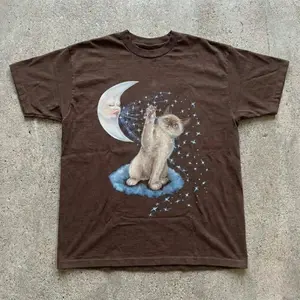 Brown cat and moon graphic Baby Tee