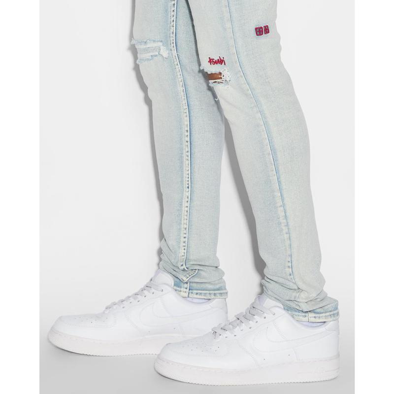 KSUBI VANWINKLE BLUE ICE Menswear Fitted Denim Jeans with Embroidered Logo & Stretch Fabric for All Seasons