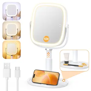 Lighted Makeup Mirror with Lights and Magnification 1X/10X, Tray Base and Height Adjustable for Desk, 4000mAh Rechargeable , 3 Color LightsMemory Function for Bedroom - White