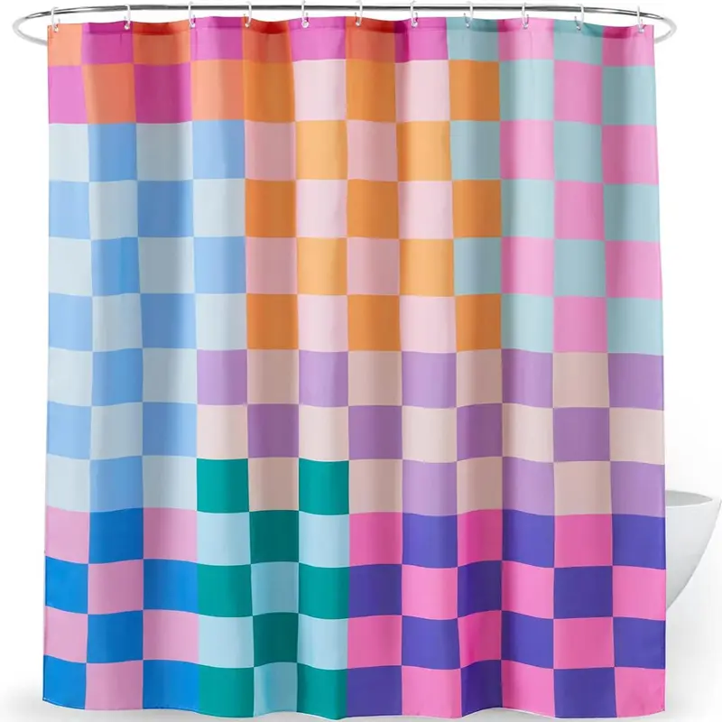 Colorful Pastel Geometric Pattern, 1 Count Exquisite Lovely Waterproof Pretty Shower Curtain with 12pcs Hooks, Shower Curtain Liner, Shower Room Decor for Home Bathroom Hotel Salon Dormitory, Shower Essentials, Showercurtain