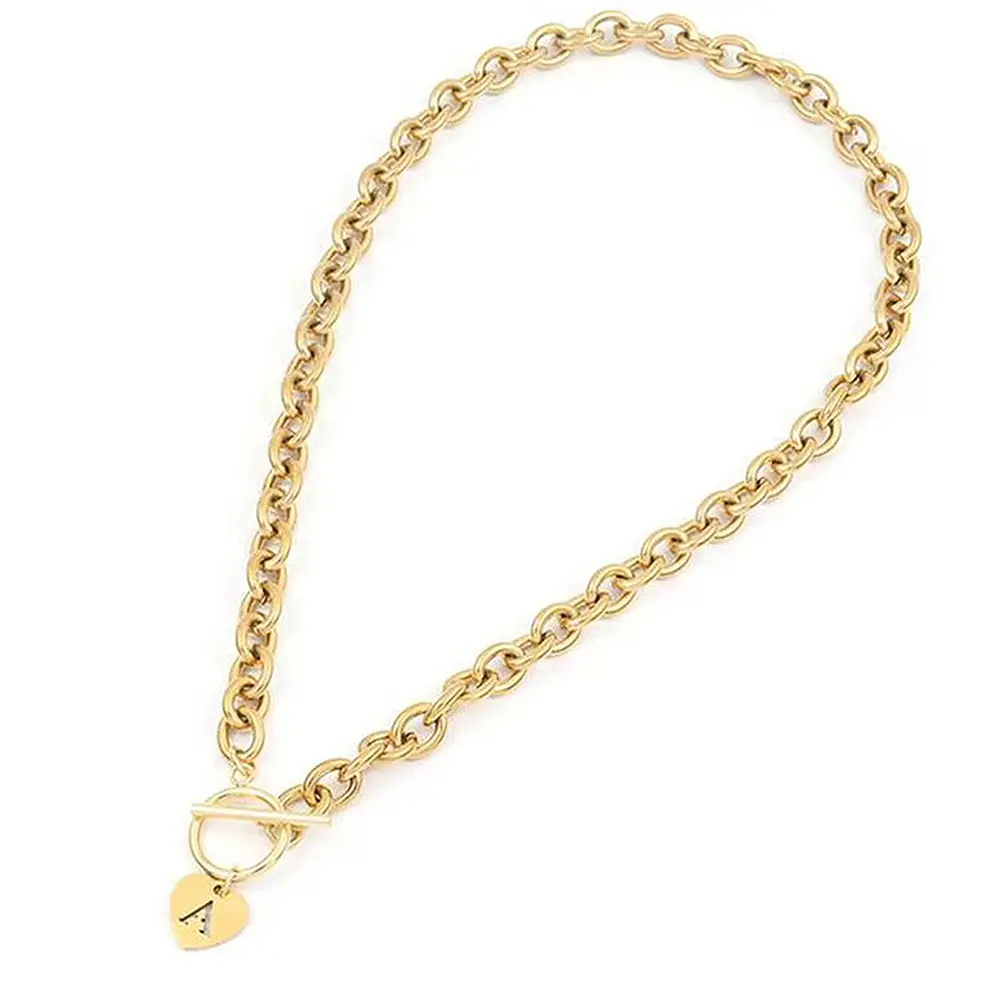 Gold & Silver Tone Heart Initial Toggle Clasp Choker Necklace, A-Z Letter Options Paperclip Chain Pendant Necklace for Women, Personalized Daily Costume Jewelry Gift