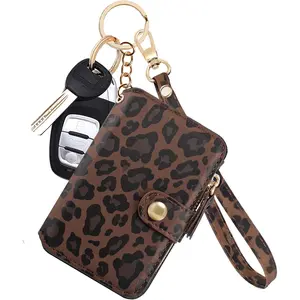 M-Plateau Wallet, Womens card Holder Leather Keychain Wallet With Zipper Coin Pocket ID Window Wrist Strap Gift Box (Leopard)