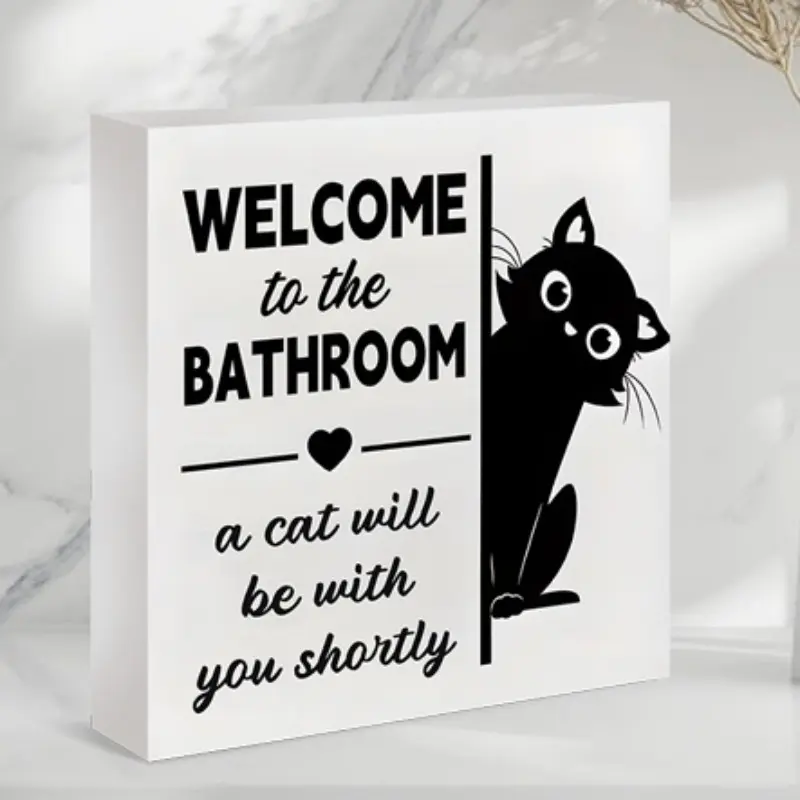 1pc Cat Bathroom welcome Plaque, Cute Black Cat Bathroom Signs Decor Block Sign, Funny Pet Lover Home Decor, Restroom, Powder Room, Apartment, Dorm Room Wall/Tabletop Accent