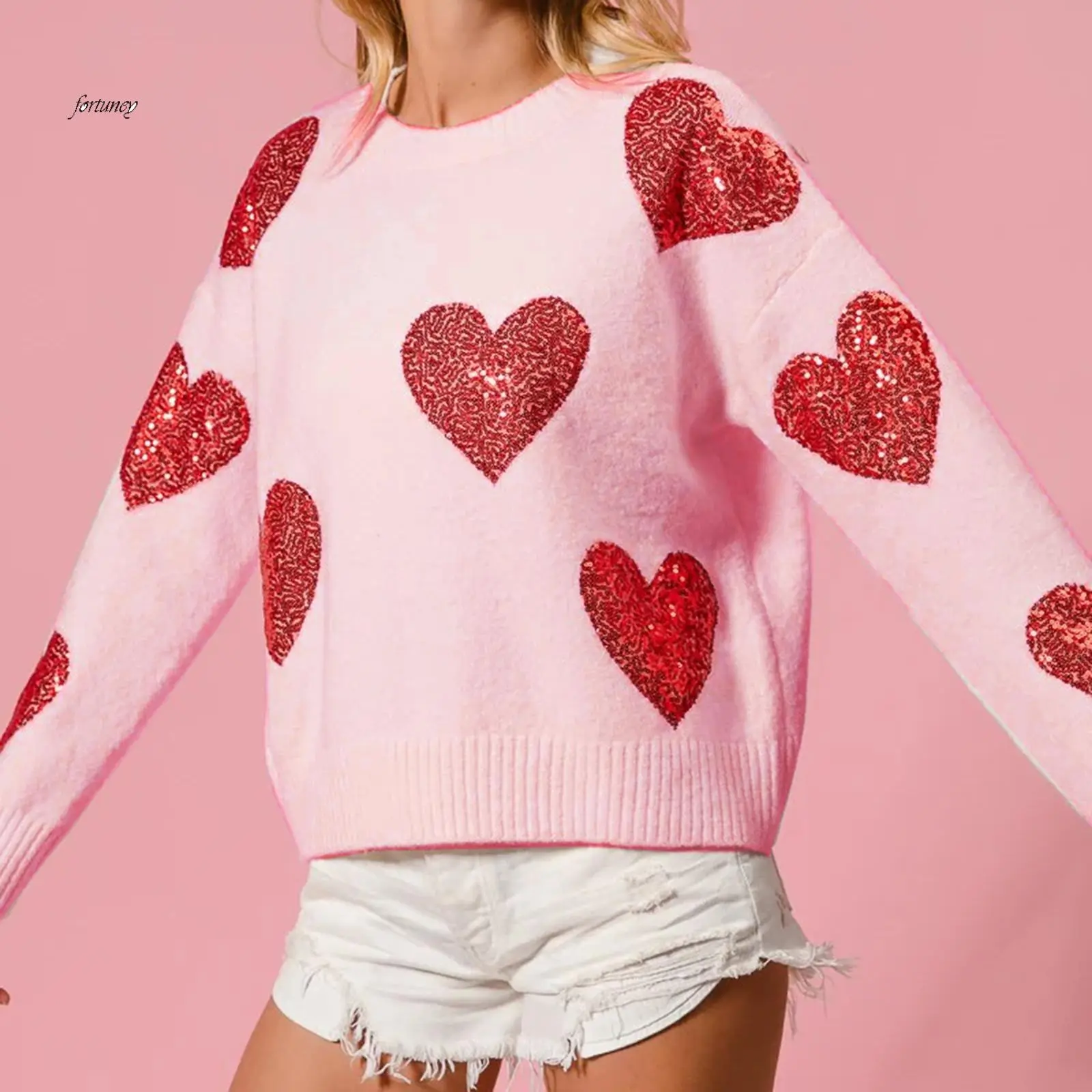 Women's Valentine's Day Knit Sweater Clothes - Casual Long-Sleeve Round Neck Polyester Top with Sequin Hearts