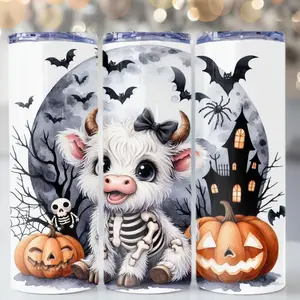 Cute Halloween Skeleton Highland Cow Stainless Steal Tumbler, Cute Halloween Cows Water Bottle, 20oz tumblers Halloween gift