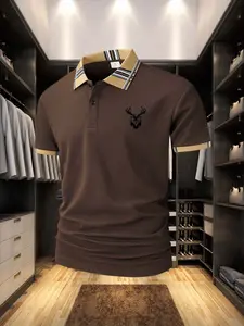 Gentleman Style Polo Shirt with Deer Head Print, Slim Fit, Elastic Comfort, Business Casual Wear, Pair with Jeans/sport Pants