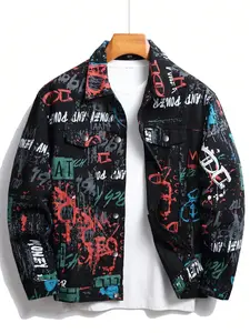 Men's fashion street-style denim jacket with unique hip-hop graffiti prints; it has a loose and comfortable fit, perfect for daily casual wear.