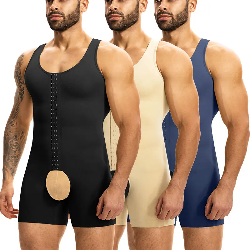 CATTIBOR Menswear Men's One Piece Bodysuit Shapewear With Open Crotch ,Men 360° Boneless Breathable Hook & Buttom Full Body Shaper Tummy Control Sleeveless Bodysuit ,Men Underwear For All Seasons