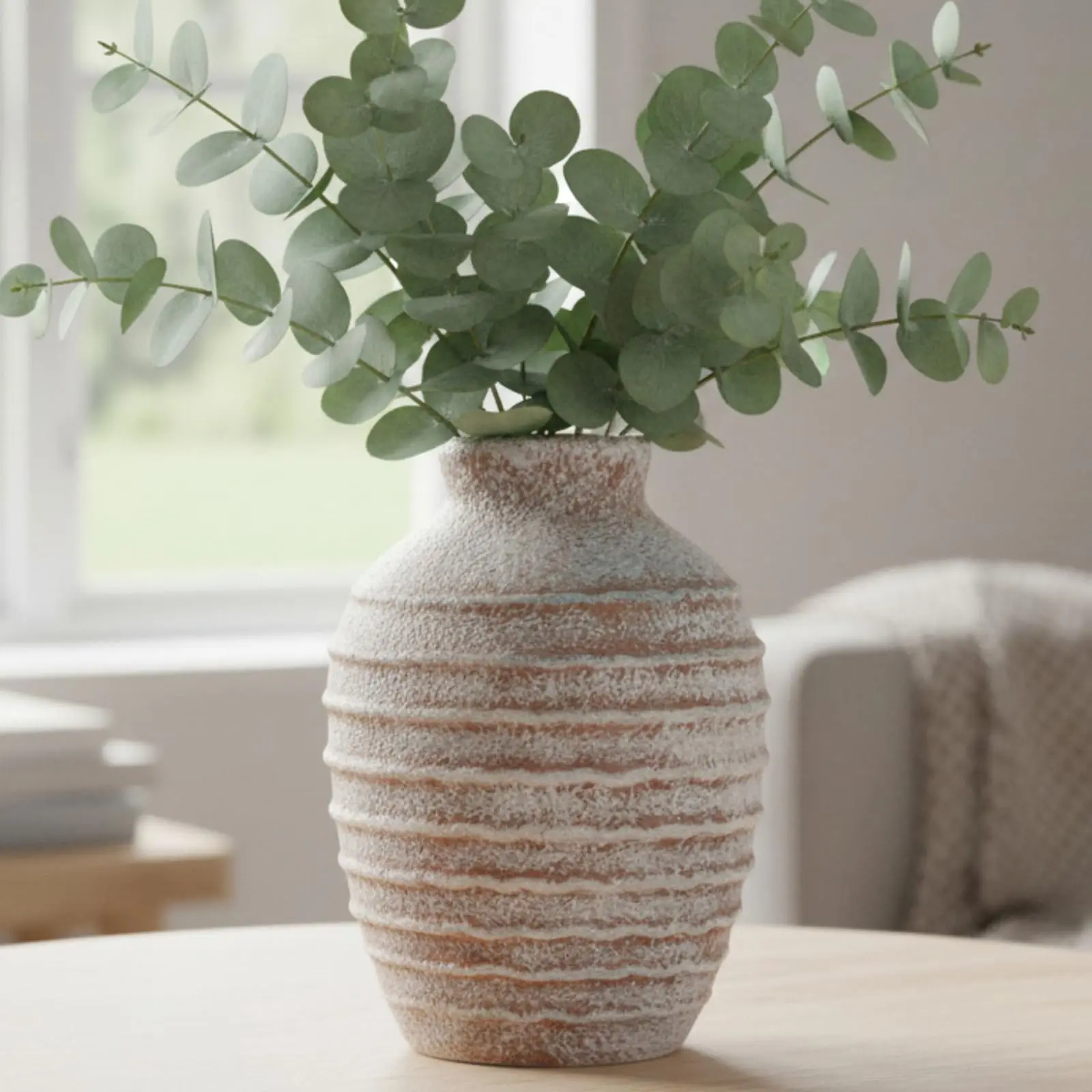 Silvanest 6.9" H × 5.3" W Warm Sand Beige Ceramic Vase - Rustic Layered Ridges Textured Pottery, Minimalist Standing Home Supplies Centerpiece, Ideal Gift for Pampas Grass Display
