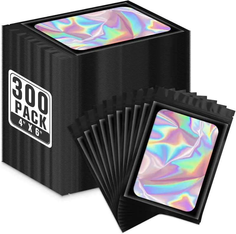 300 pcs Odor Proof Mylar Bags Black Resealable Holographic Clear Foil Ziplock for Food Storage Packaging Small Business Parties Aluminium Foil Organiser