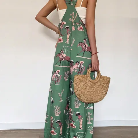 Women's Springsummer Casual Loose Resort Bohemian Boho Style Vintage Western Clashing Random Print Overalls Jumpsuit, Faux Linen Fabric for Travel & Vacation, Beach Holiday Jumpsuit, Loose Jumpsuits, Womenswear