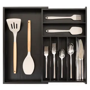 Premium Silverware, Flatware and Utensil Organizer for Kitchen Drawers, Food-Safe Contract Grade, Expandable from 10.5 to 19 In, Black Bamboo Boxes Set