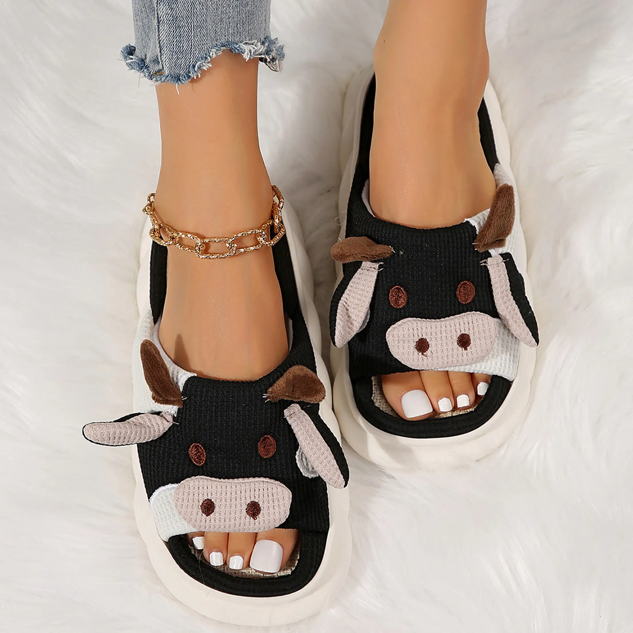 Womens Plush Cow Slippers Cute Cotton Animal Home Shoes Fluffy Suitable for Indoor Outdoor