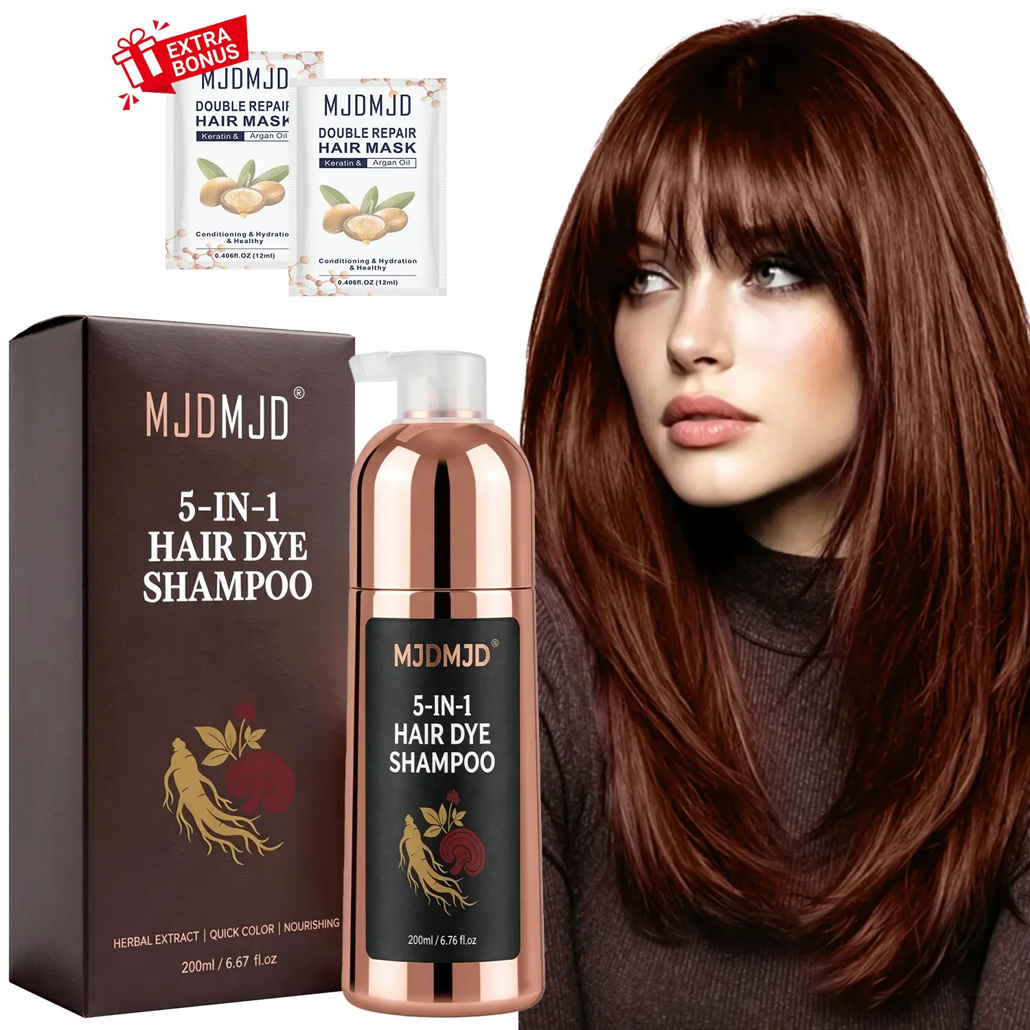 Cherry Brown Hair Dye Shampoo 5-in-1, Semi Permanent Hair Color Shampoo for Gray Hair Coverage, Natural Herbal Formula, Long-Lasting Color for Women & Men, Easy Home Use, 200ML