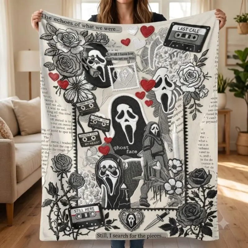 Halloween Ghost Face Roses Floral Cassette Flannel Blanket Embroidery Style Horror Art Print Ultra Soft Plush Throw Blanket Cozy Lightweight Bedding Blanket for Bed Sofa Couch Bedroom Haunted Spooky Home Decor Gift