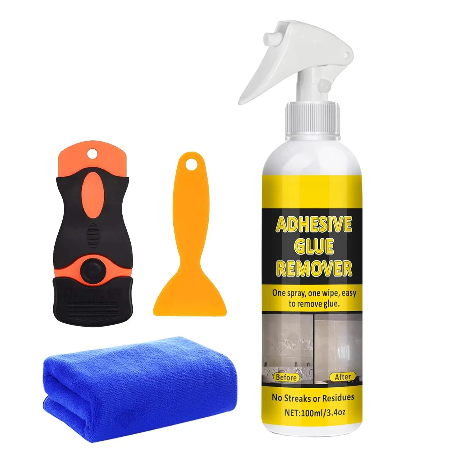 Adhesive Remover -  Sticker & Glue Remover Spray for , Removes Labels, Stickers, , Tape  from  Glass,  & Windows with Scraper, , and Towel - 3.4oz/100ml