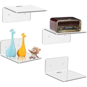 4 Pack Small Wall Shelf, 4'' Acrylic Wall Shelves Display Ledges for Storage & Decoration, Small Floating Shelf for Wall with 2 Types of Installation (Adhesive or Screw)