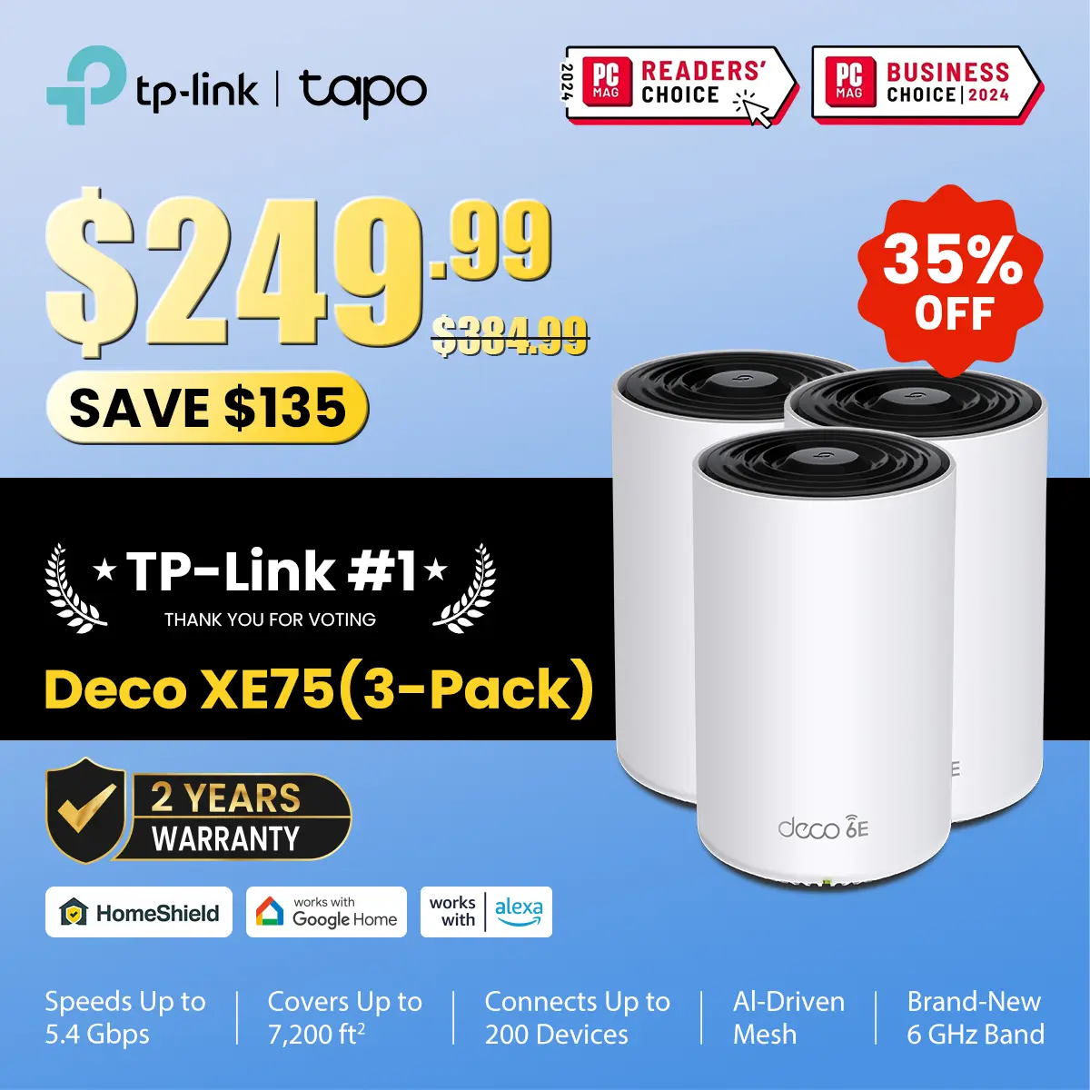 TP-Link Deco XE75 (3-pack) Wi-Fi 6E Tri-Band AXE5400 Mesh System – 7200 Sq.Ft Coverage, AI-Driven Mesh, 6GHz Band, Engadget Rated Best Mesh for Most People, Replaces WiFi Router and Extender,back to school,back to school haul,sohochic