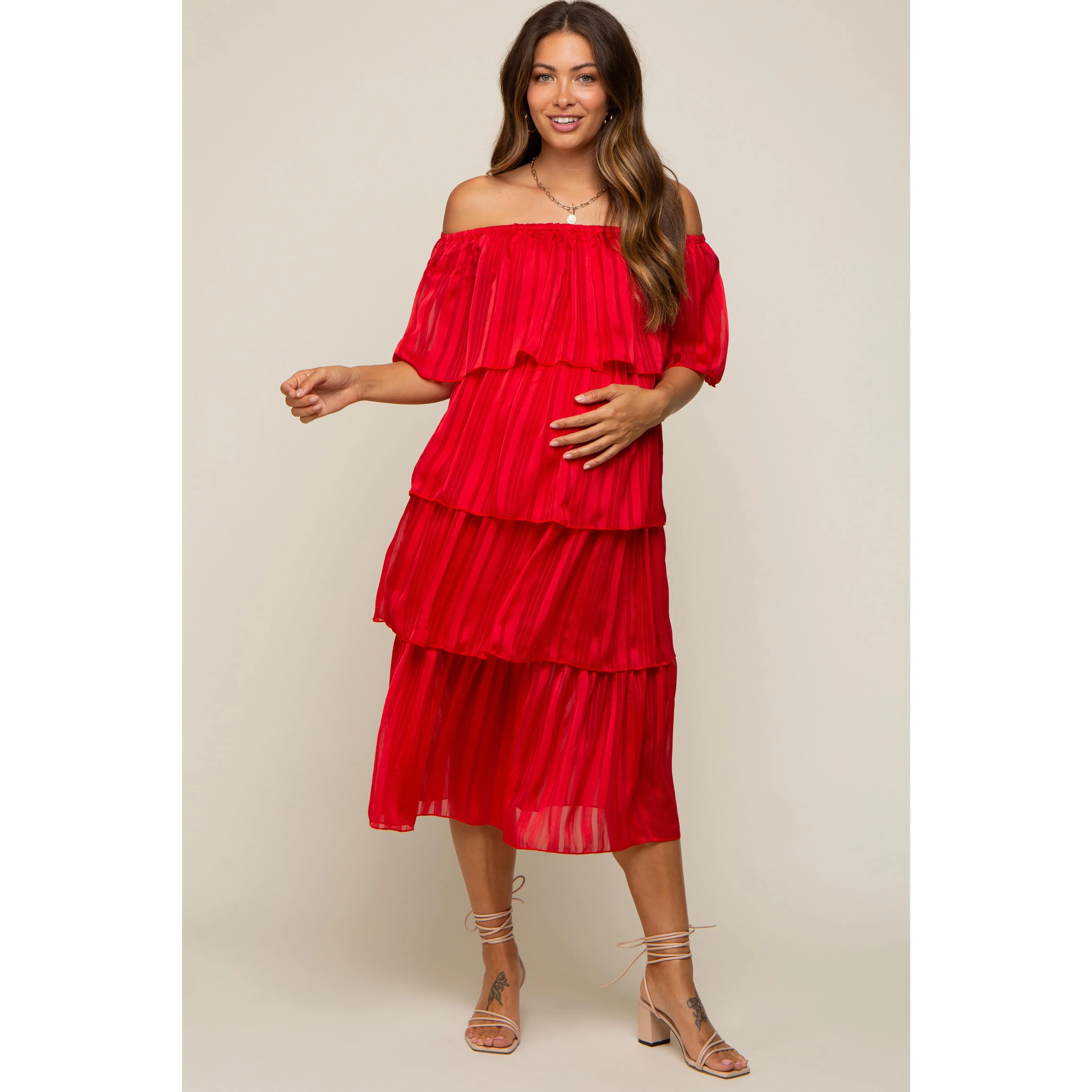 Red Striped Maternity Dress, Off the Shoulder Midi with Layered Flounce Top, Pregnancy Maternity Clothing & Accessories