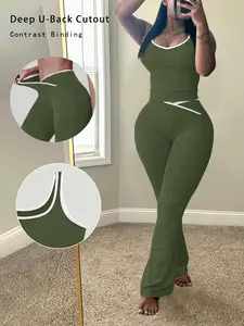 Women’s color-block yoga set: camisole top + cross-waist flared pants, loose fit that conceals curves, comfortable two-piece set
