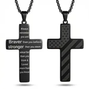 Cross Necklace with Bible Verse & American Flag Pendant – Stainless Steel Men’s Jewelry | Faith-Inspired, Bold & Patriotic Chain for Him | Christian Religious Necklace for Men, Husband, Son, Dad | Perfect Gift for Christmas,  Birthday, Graduation