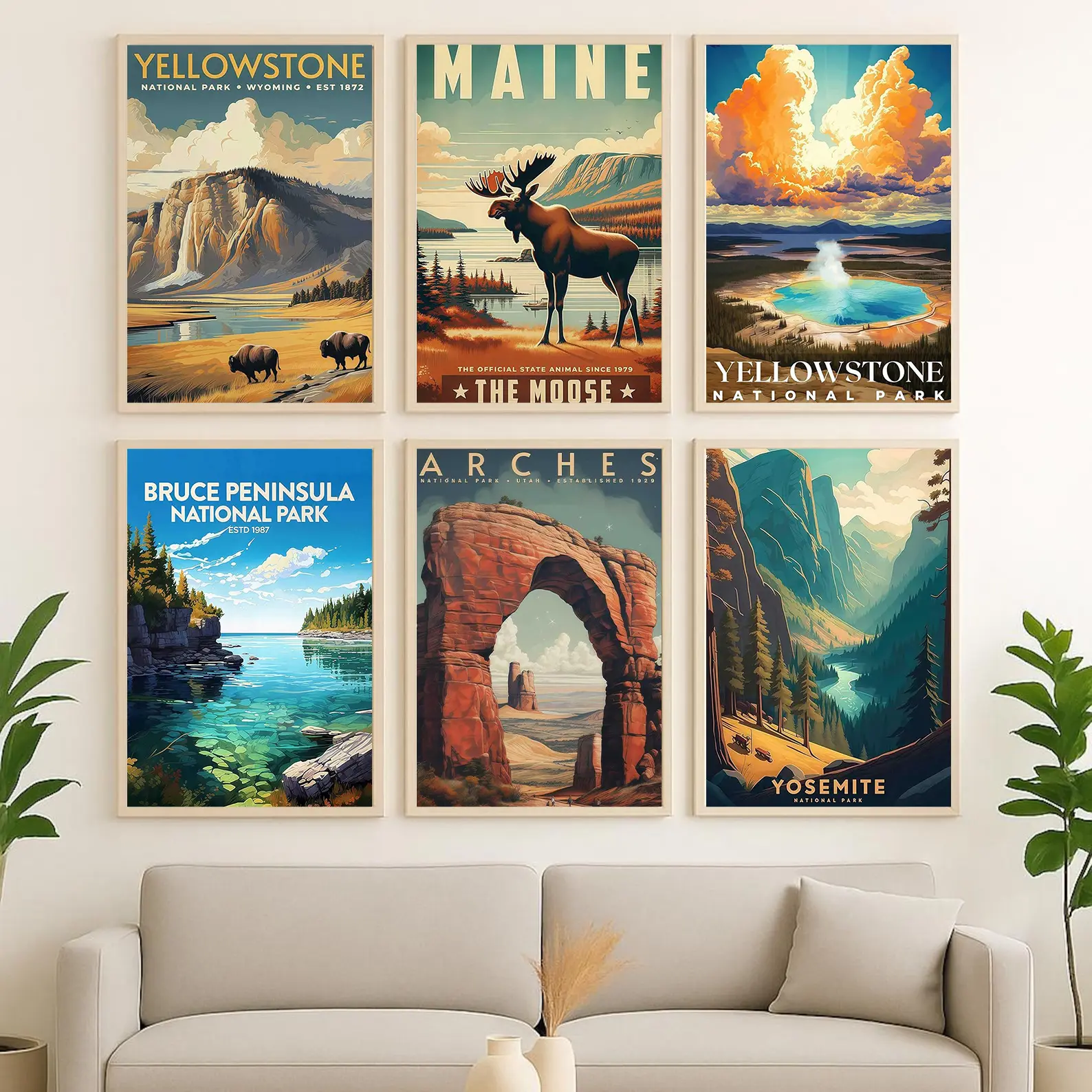 Vintage park travel poster, Yellowstone National Park canvas wall mural, natural landscape painting, suitable for home, bedroom, dormitory, living room wall decoration