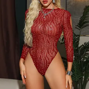 Red Statement Bodysuit for Women, Sexy Mesh Lingerie with Sparkling Rhinestones and Cut-Outs for Club Parties, Accessories