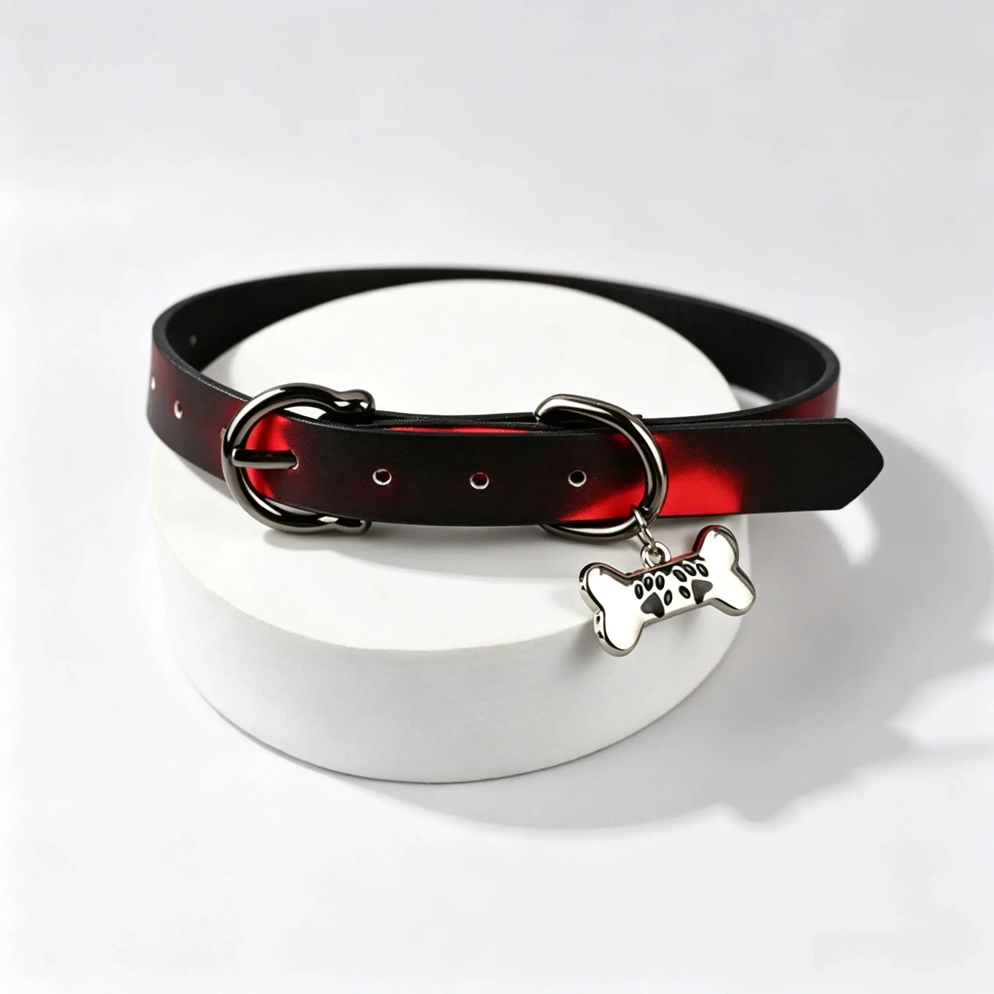 Heat Reactive Choker Set, Red Black Gradient PU Leather Collar with Leash, Gothic Bell / Bone Pendant, Adjustable Punk Alt Jewelry for Women