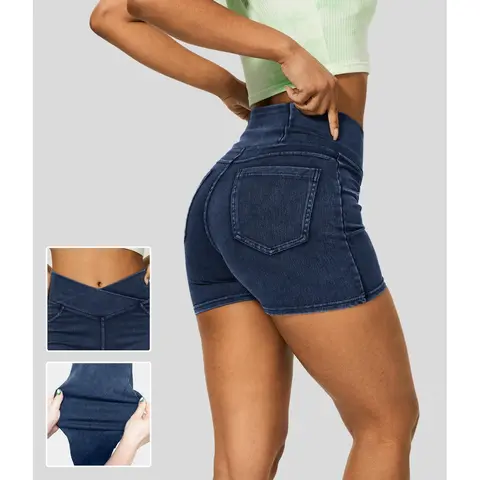 Halara Flex High Waisted Crossover Back Side Pocket Stretchy Knit Denim Casual Shorts 3"
