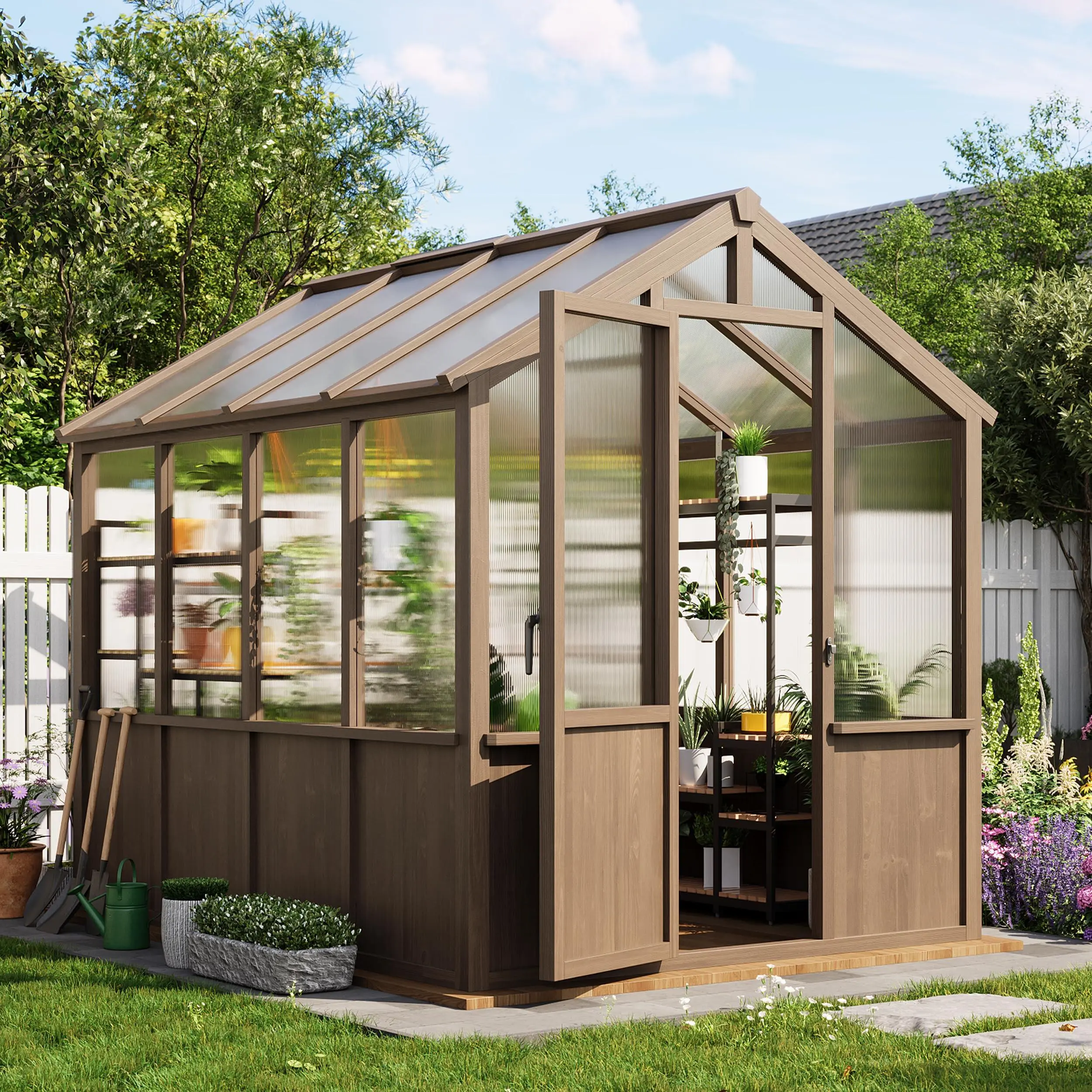 6x8 FT Wooden Greenhouse - Walk-In Greenhouses for Outdoor Use, Large Spruce Frame Greenhouse with Polycarbonate (PC) Panels, Adjustable Roof Vents & Lockable Door, Greenhouses for Garden, Backyard, Patio, Lawn