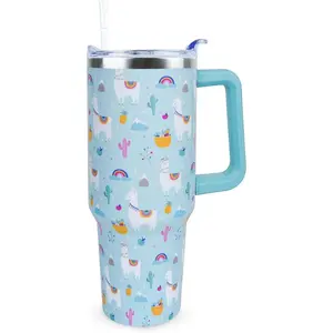 40 oz Cute Llama Tumbler with Handle and Straw, Alpaca Stainless Steel Insulated Cup with Lid and Straw, Travel Mug Water Bottle, Gifts for Women