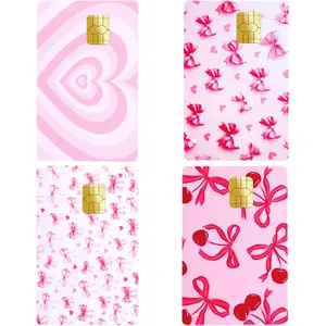 4 Pcs Credit Card Skin, Debit Card Cover Slim Waterproof No Bubble Pink Cute Bow Heart Debit Cards Skin for Transportation Key Debits Gifts Women