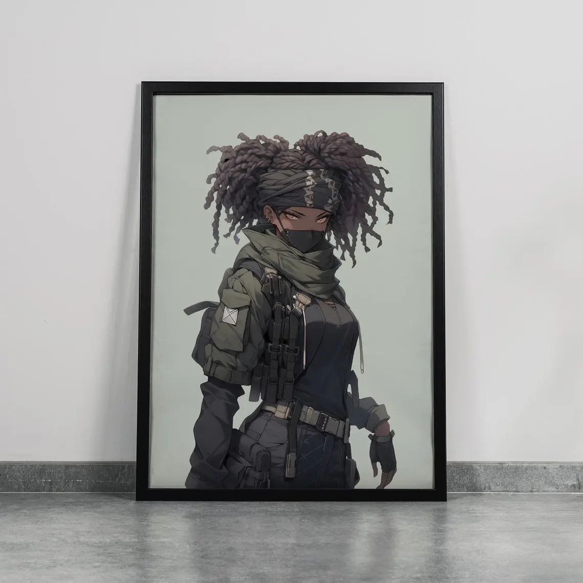 Unframed Black Anime Style Wall Print 001 - Street-Style Afro Urban Culture Art Illustrations, Waterproof Multi-Size Wall Decor with Plaid, Polka Dot, Building, Movie Elements, Home Decor for Bedroom, Office Posters & Prints