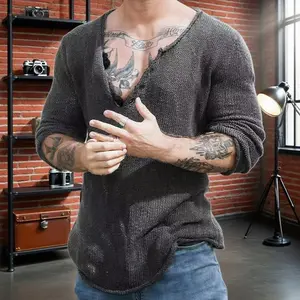 Men's long sleeved V-neck knitted top, spring and autumn pullover, thin base shirt