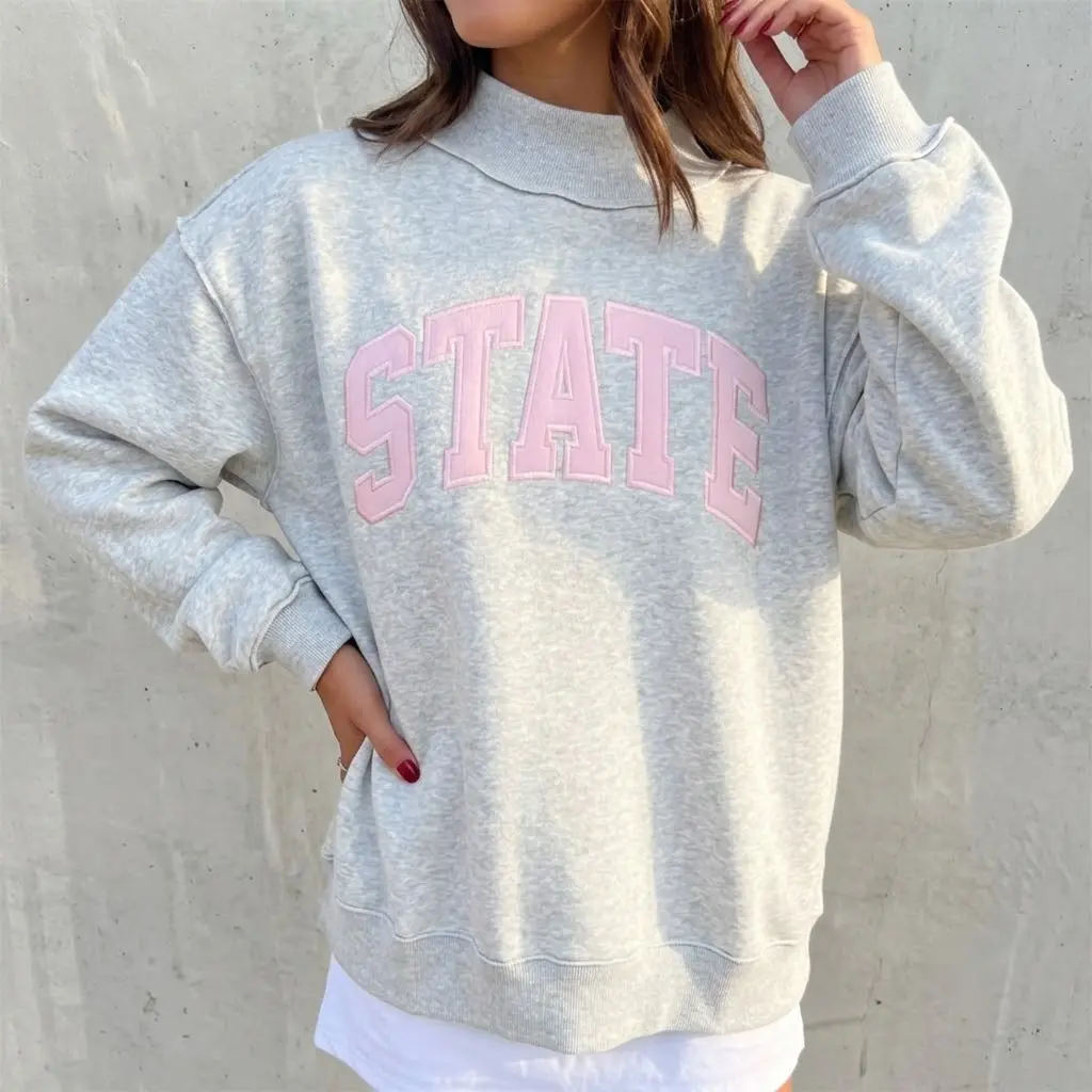 PHEFEE Women's Oversized Sweatshirt Mock Neck Vintage Graphic State Pullover Casual Long Sleeve Y2K Fall Clothes Womenswear Aesthetic