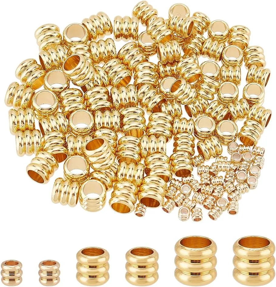 120 count 14K  Plated Beads Column Spacer Beads 3 Sizes Brass Grooved Tube Beads Lanyard Beads Metal Loose Spacer Beads for  and Lanyards Making, Hole 1.6-4.5mm