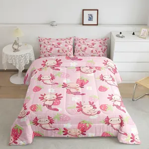 Cute Axolotl Pink Designer Comforter Set,Comforter,Kawaii Ocean Sealife Luxury Full Size Bedding Set,Breathable Salamander Duvet Set,Princess Quilt