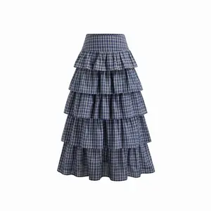 Cider Cotton-blend Mid Rise Tartan Layered Ruffle Hem Maxi Skirt