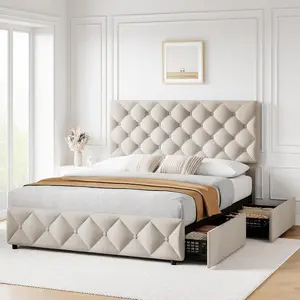 Dark Gray Double bed Frame With 4 Storage Drawers And Adjustable Headboard, Linen Upholstered Platform Bed Frame, Diamond Stitched Button Tufted, No Box Spring Needed,Off-white_QUEEN