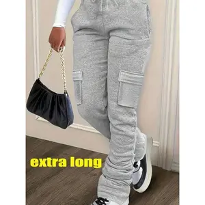 Women's Solid Drawstring Elastic Waist Extra-long Sweatpants, Casual Relaxed Comfortable Flap Pocket Sweat Pants for Fall, Cargo Sweats for Women Lady, Pants for Women,?Women's Trousers Clothes for Daily Wear, Pants for Women??gift??