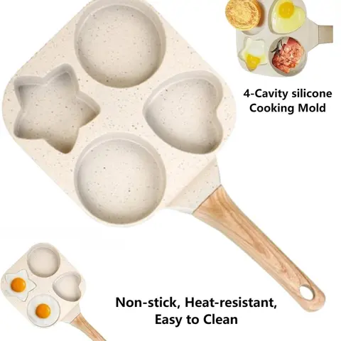 4-in-1 Nonstick Breakfast Pan,4-Cup Heart-Shaped Egg Frying Pan, Multi-Section Omelet Maker with Wooden Handle, Silicone-Coated Oil-Saving Cookware for Eggs, Pancakes & Burgers, Fast Heating, Easy to Clean & Space-Saving.techvibes