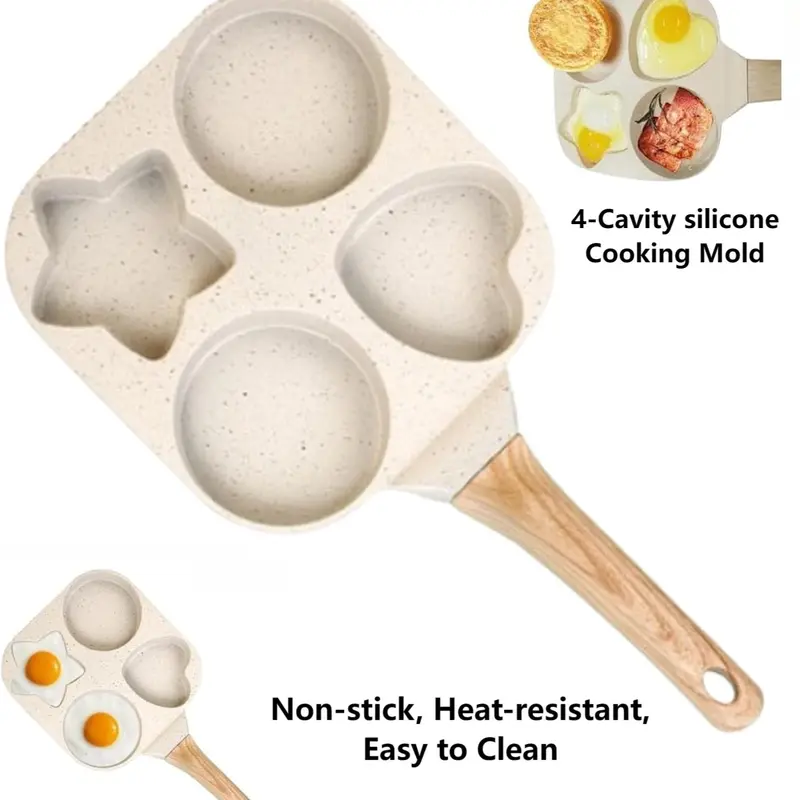 4-in-1 Nonstick Breakfast Pan,4-Cup Heart-Shaped Egg Frying Pan, Multi-Section Omelet Maker with Wooden Handle, Silicone-Coated Oil-Saving Cookware for Eggs, Pancakes & Burgers, Fast Heating, Easy to Clean & Space-Saving.techvibes